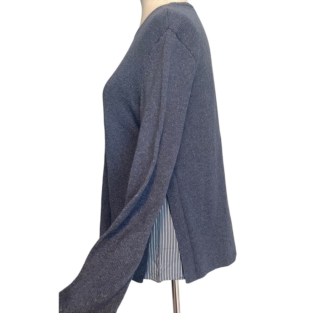 J. Jill Womens S Knit Sweater Silk Blend Blue Crewneck Side Split Coastal Preppy